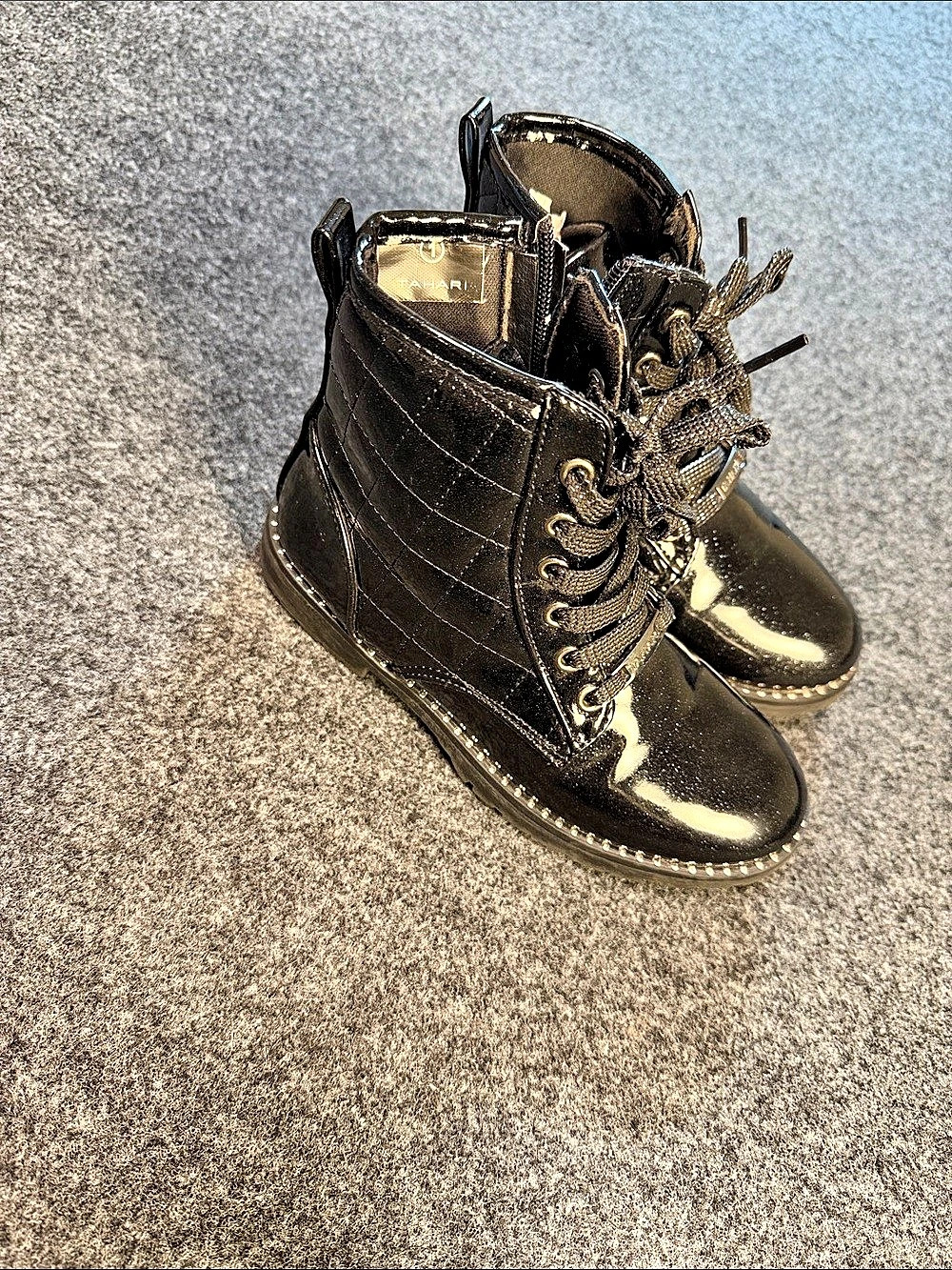 Tahari Girls Black Patent Sparkle Lace-Up Side Zip Combat Boots